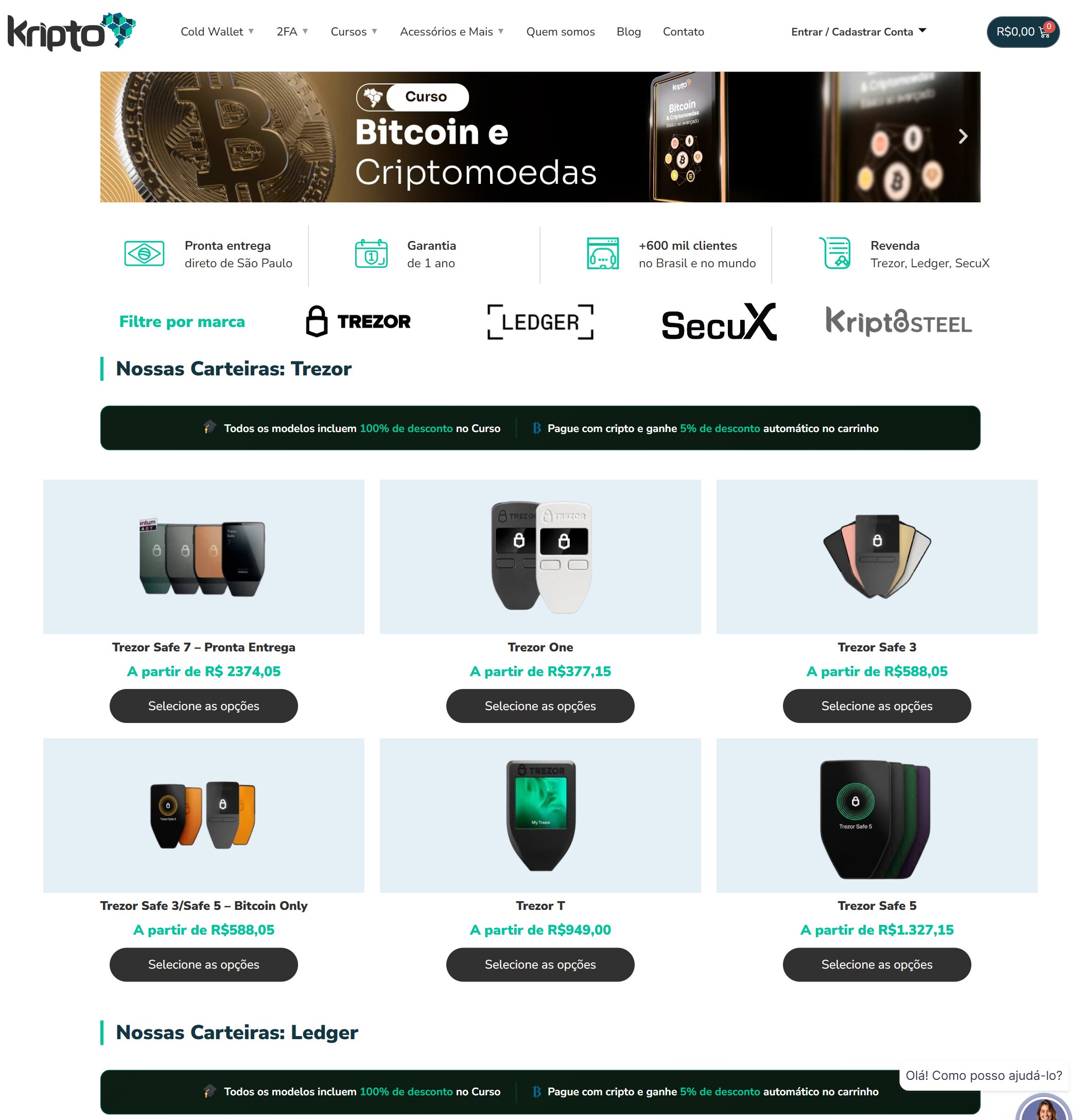 Home do e-commerce da KriptoBR com catálogo de carteiras Trezor, Ledger e SecuX