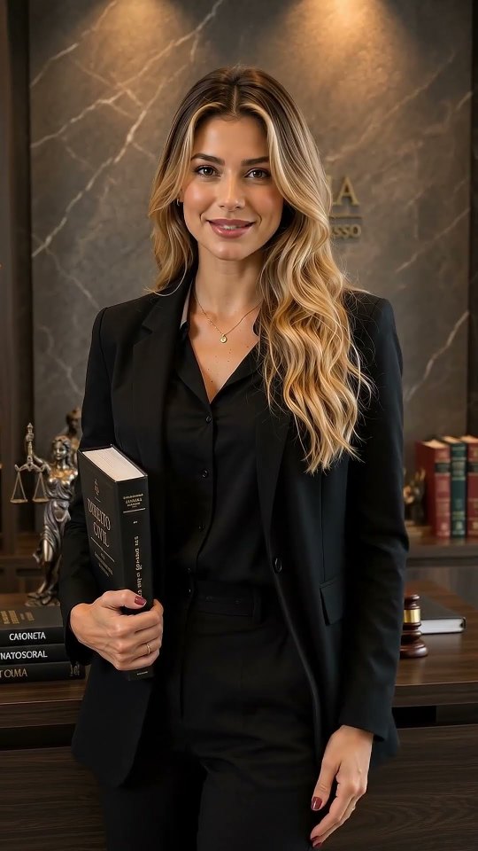 Apresentadora jurídica gerada por inteligência artificial, de terno preto e segurando um livro de Direito Civil, em um escritório de advocacia também gerado